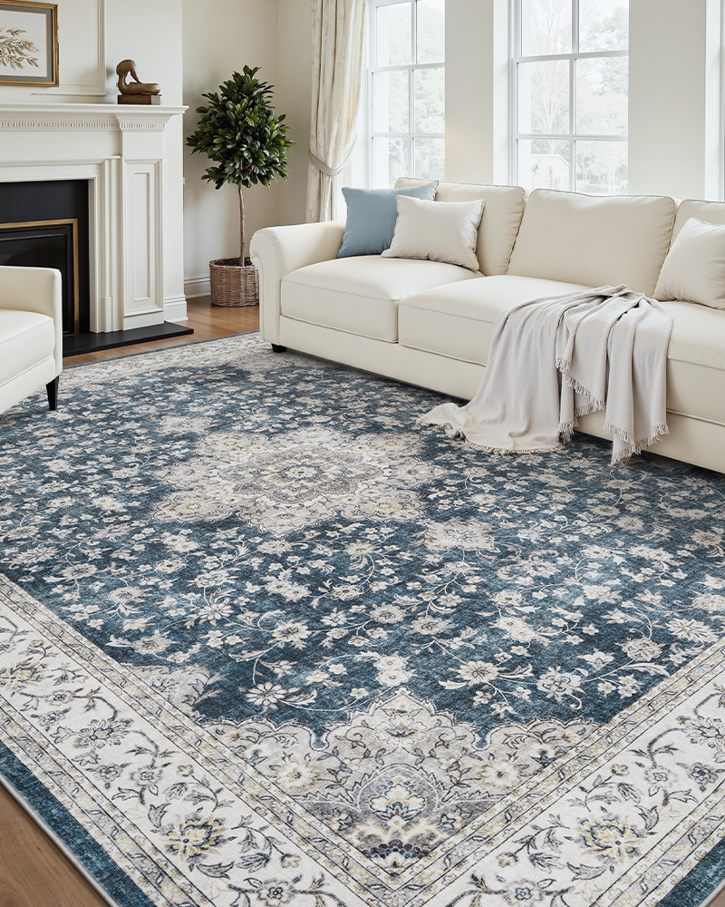 MontVoo floral vintage area rug, non-slip and durable, ideal for dining and living room.