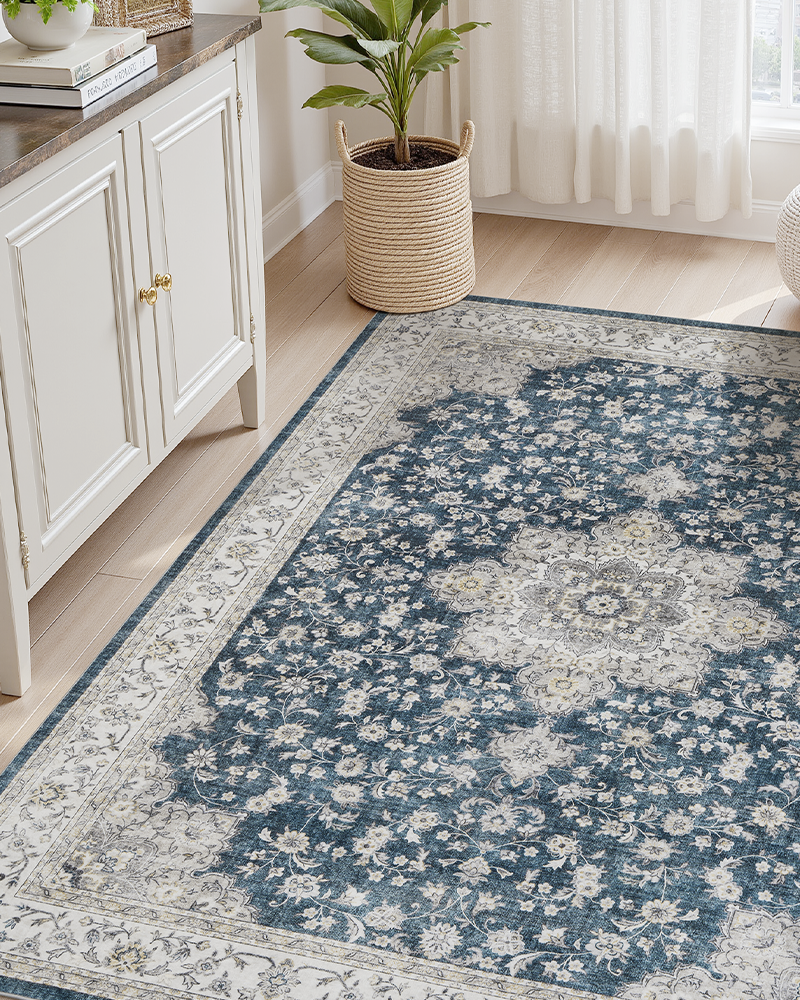 MontVoo floral vintage area rug for living room, washable and soft, reduces noise on hard flooring.