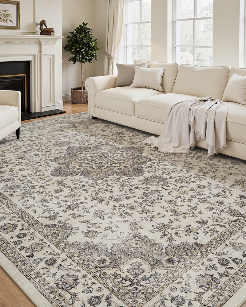 MontVoo floral vintage area rug, durable and non-slip, ideal for living room and office.
