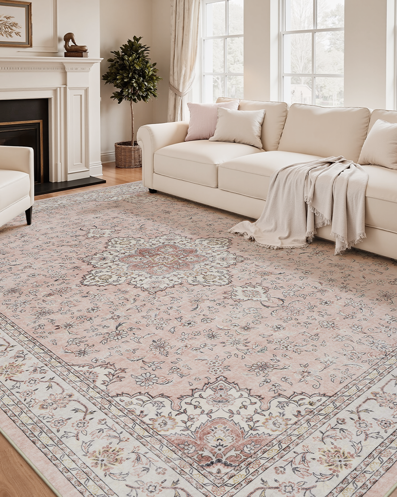 MontVoo floral vintage area rug, soft and washable, ideal for living room and bedroom comfort.