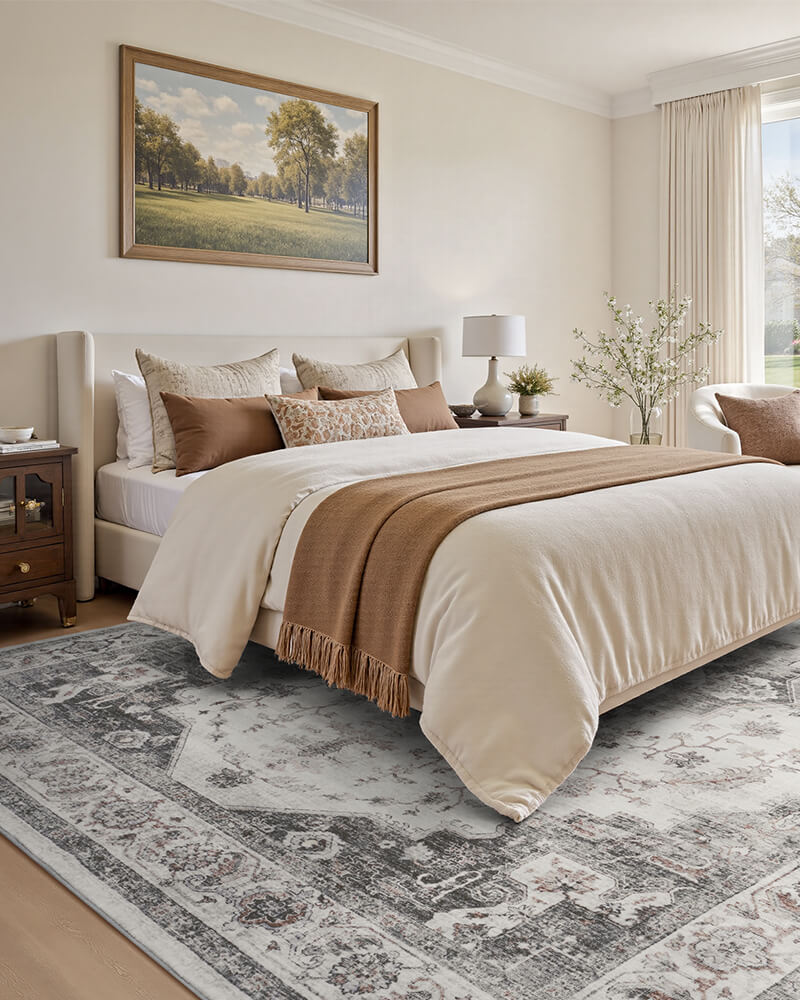 Thin low profile boho area rug for easy placement in any room, washable rug for home with pets and kids.