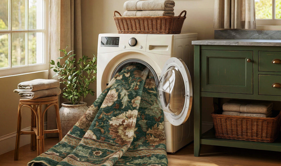 Montvoo washable area rug being loaded into a home washing machine for easy cleaning.