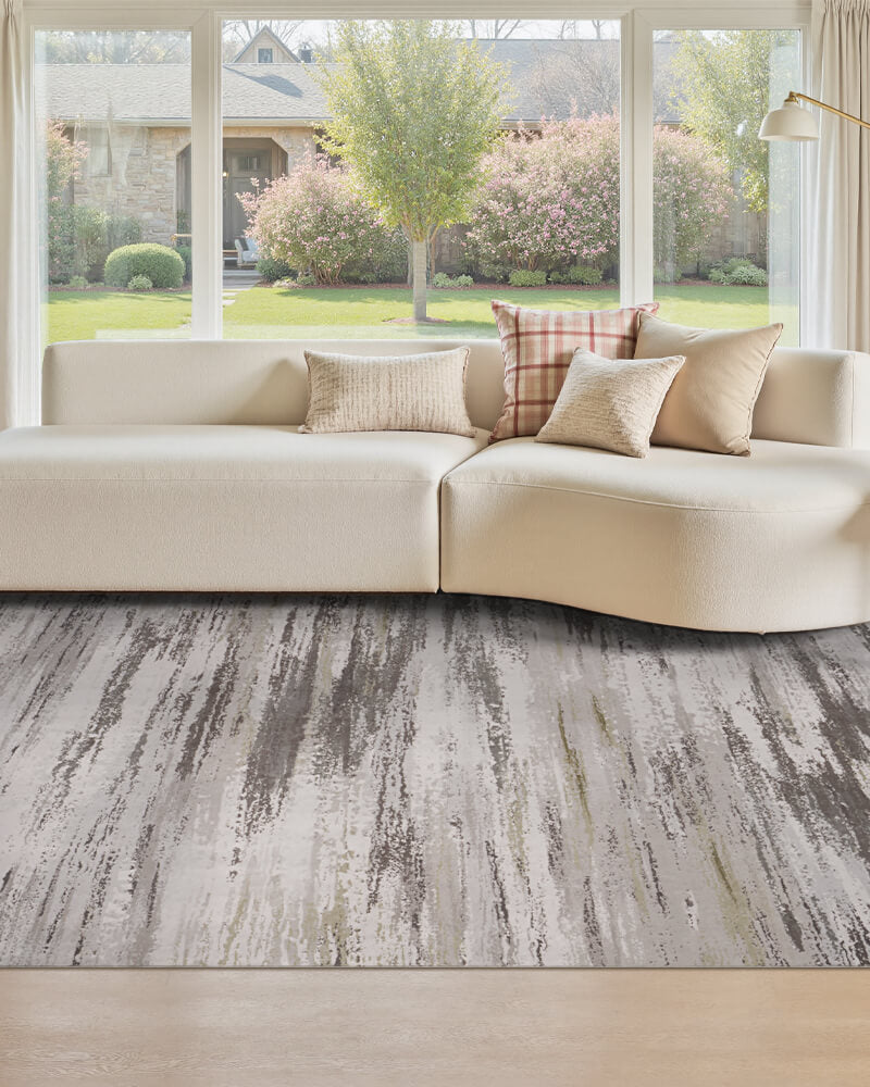 Modern area rug with textured surface and easy clean capability for busy daily life