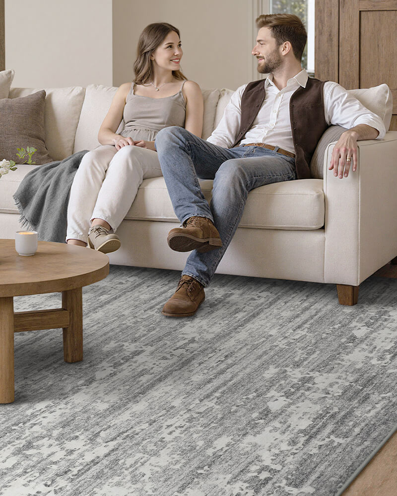 Modern area rug used to define both living and rest zones within a home
