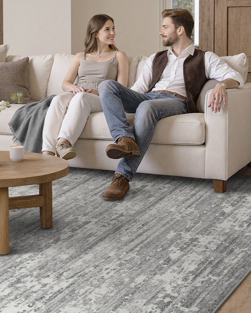 MontVoo neutral area rug with soft textured fibers, suitable for office or study spaces.