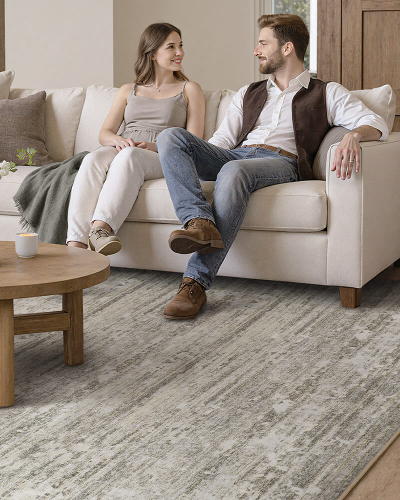 Modern area rug that stays flat and secure during daily household activity