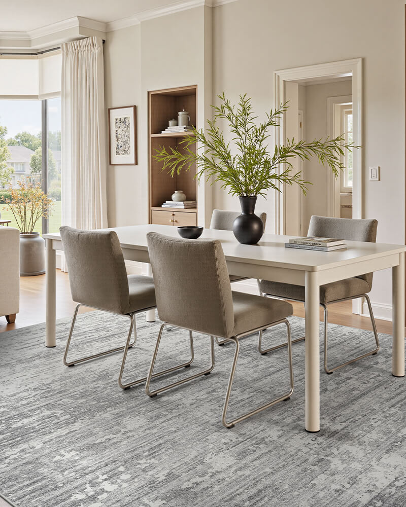 Modern area rug supporting relaxed bedroom styling with subtle texture