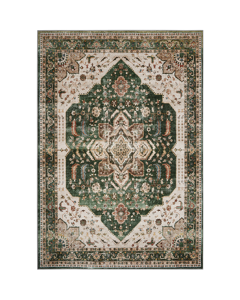 MontVoo washable Persian-inspired area rug, soft fibers, non-slip and cozy, ideal for living room.