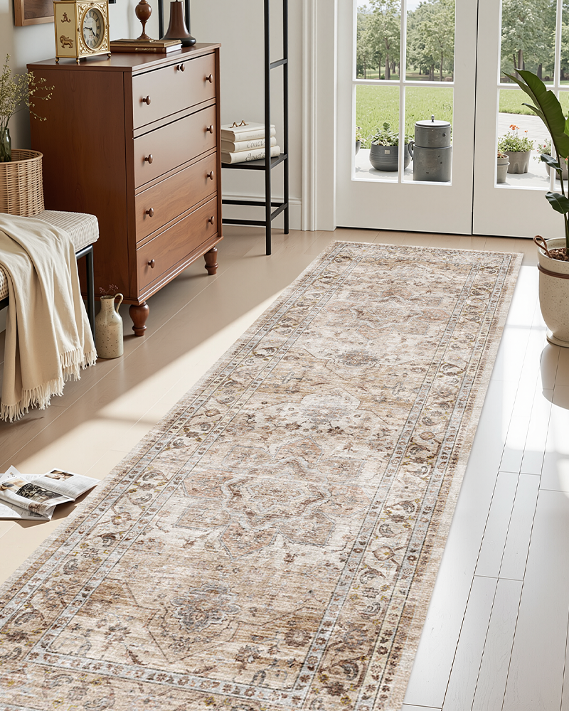 MontVoo Persian-inspired neutral area rug with intricate patterns, cozy and non-slip for living room or office.