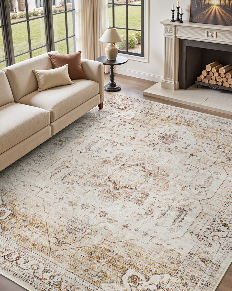 MontVoo washable Persian-style area rug, soft fibers, non-slip backing, ideal for bedroom comfort.