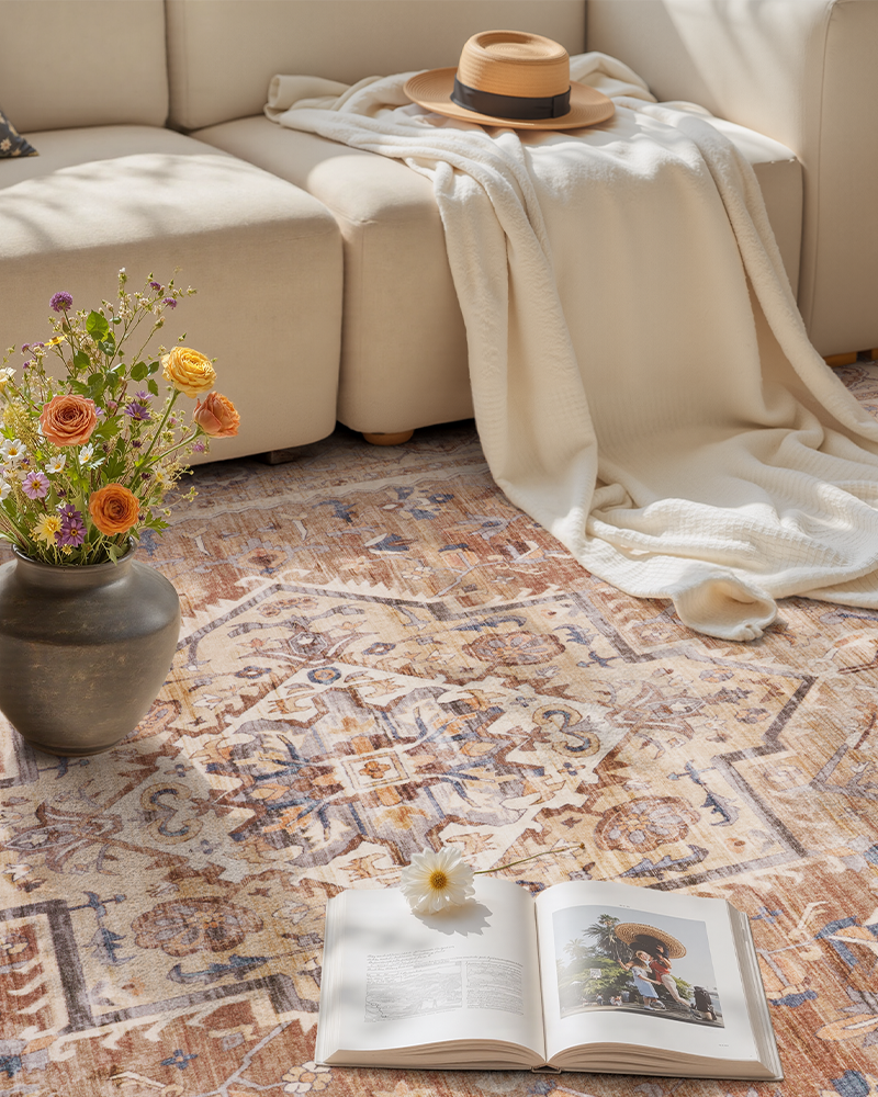MontVoo abstract vintage rug, elegant and soft, ideal for dining and office areas.
