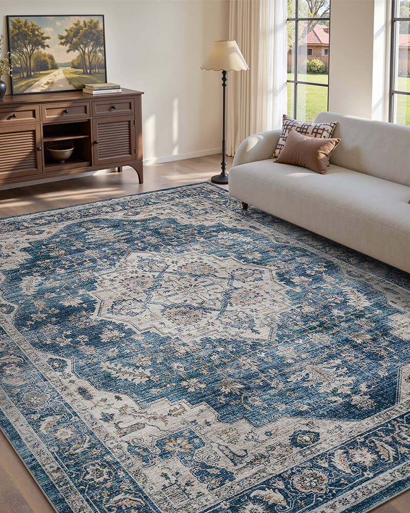 Close up view of boho area rug showing soft fabric texture, washable area rug with soft touch.