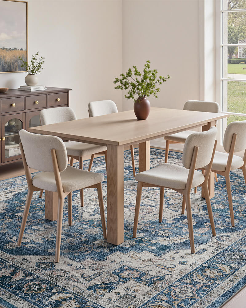 Boho area rug designed for cozy everyday home living, washable rug for high-traffic area.