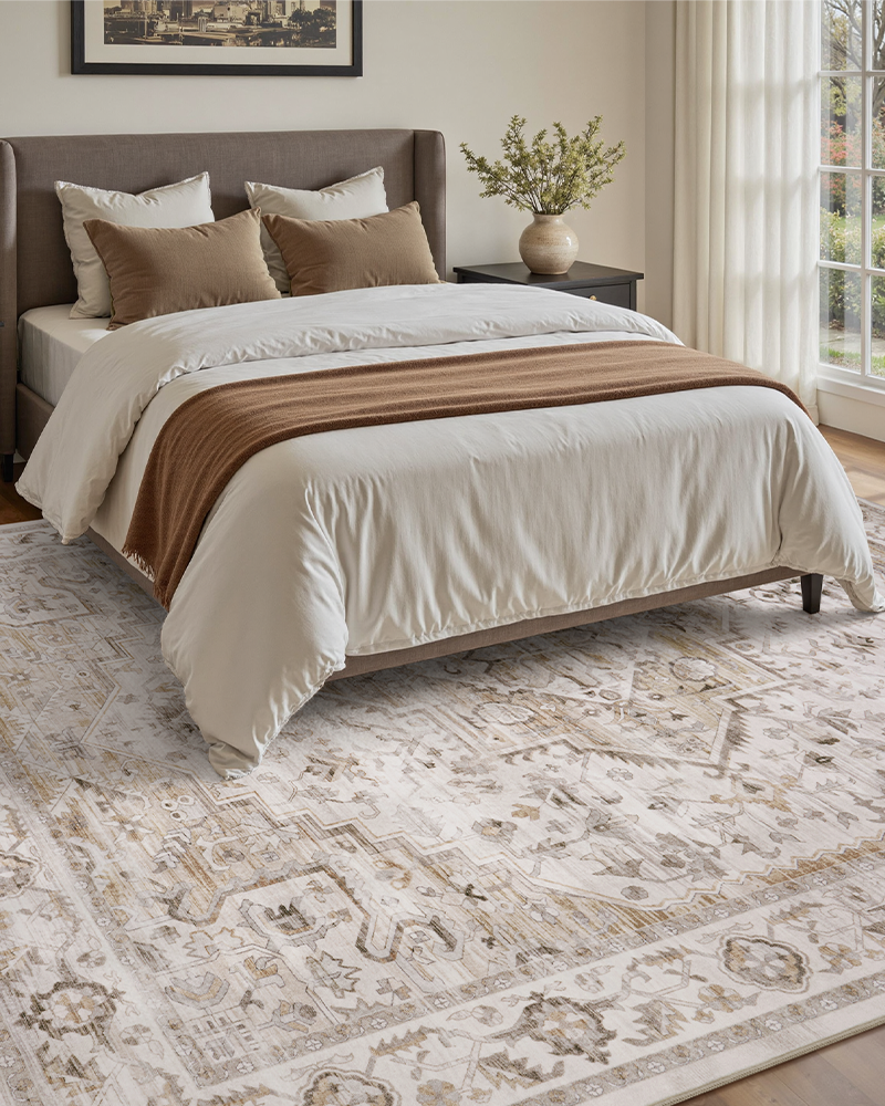 MontVoo vintage rug, soft and pet-friendly, ideal for children and pets playing in bedrooms.