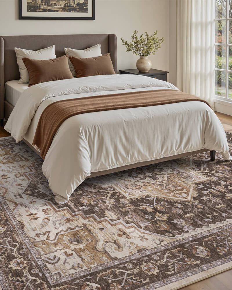 Boho area rug with soft underfoot feel suitable for bedrooms and living rooms