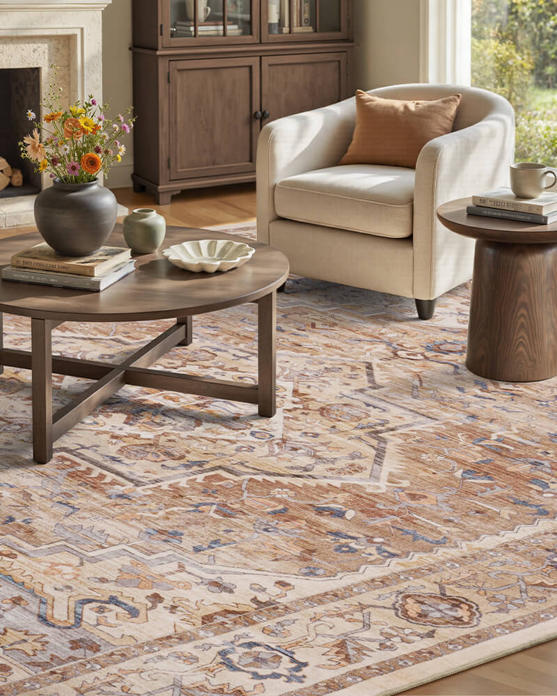 Boho area rug with non-slip backing perfect for busy family interiors