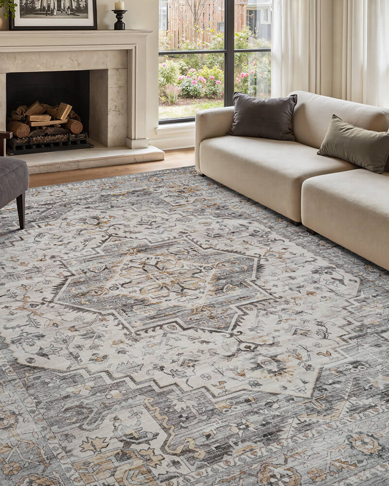 Boho area rug with non-slip backing for transitions between living and bedrooms