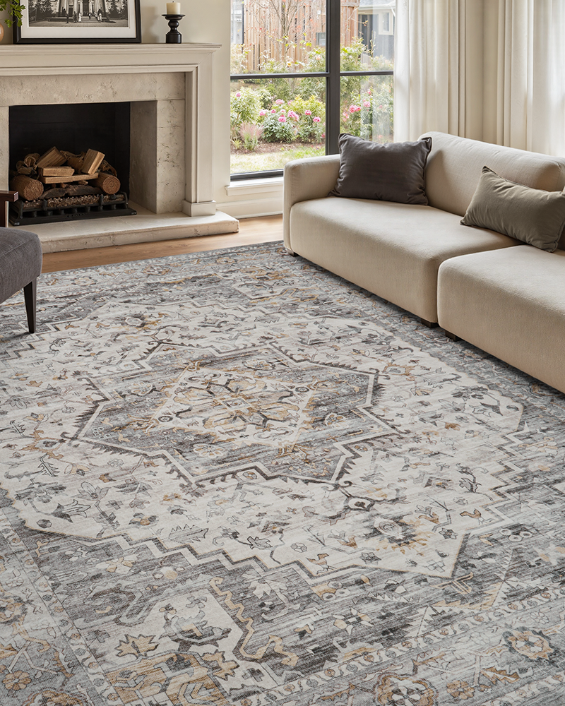 MontVoo vintage rug, soft and neutral-toned, adds timeless elegance to living spaces.
