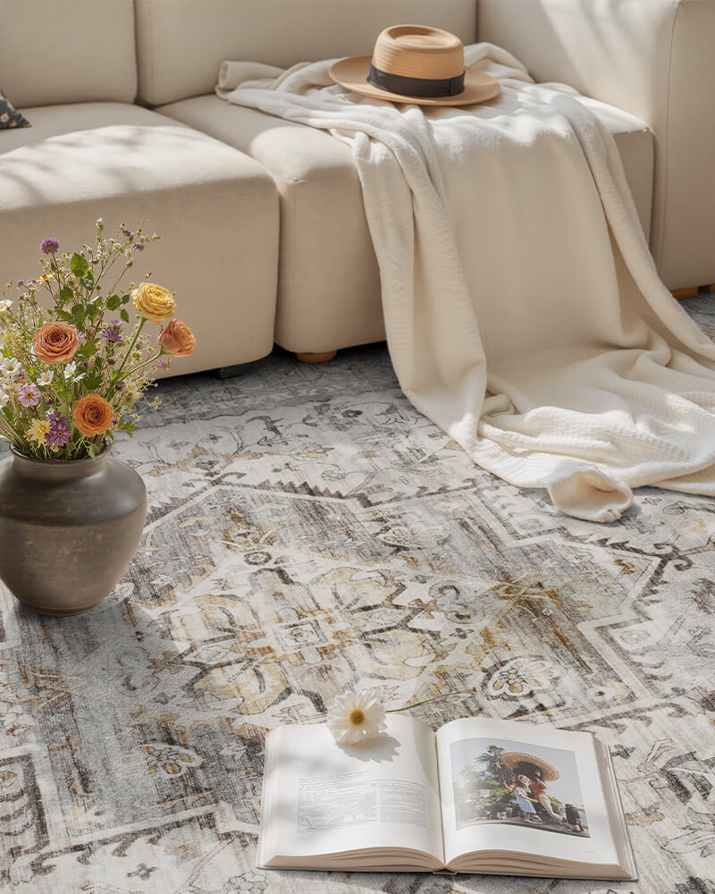 Boho area rug with soft texture suitable for family friendly kitchen areas