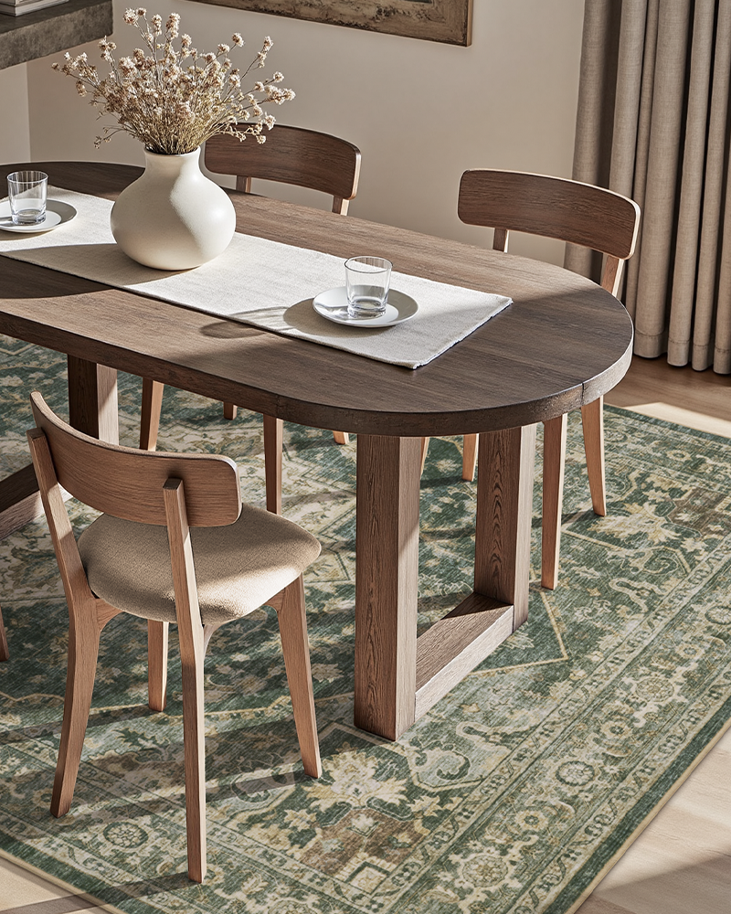 MontVoo boho neutral area rug with soft dense fibers, durable and non-slip for living room use.