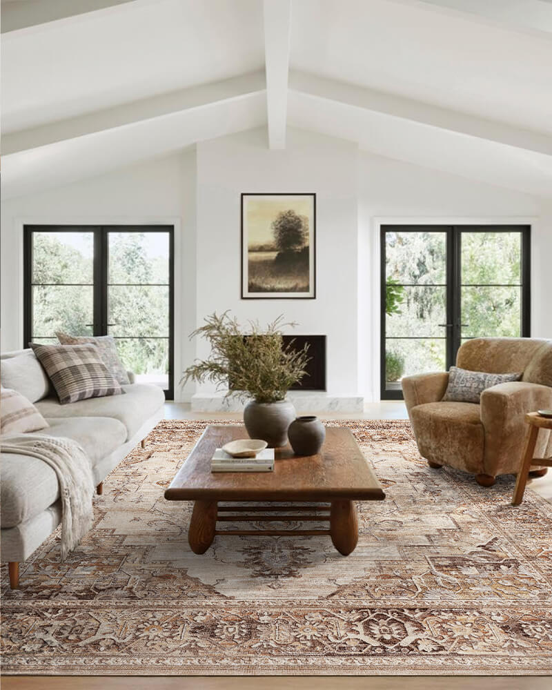 Thin boho area rug with non-slip backing designed for modern living zones