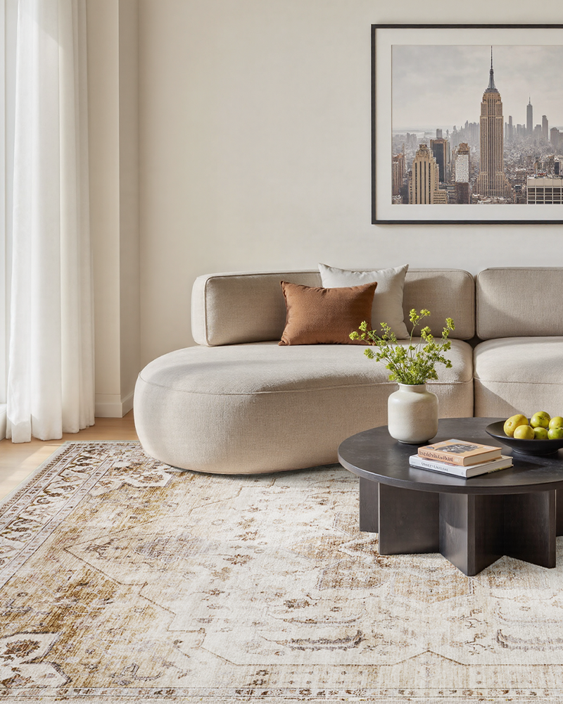 MontVoo neutral Persian-inspired area rug with soft fibers, non-slip and durable, ideal for living room.