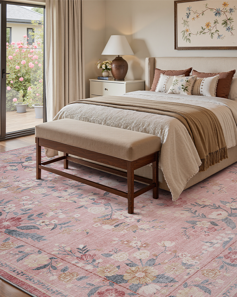 MontVoo vintage area rug, washable and soft, ideal for living room and office.