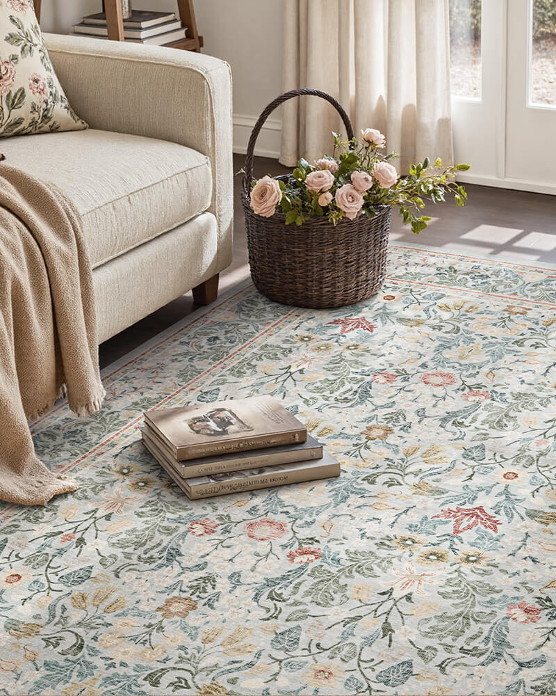 Vintage area rug with soft texture perfect for family gatherings and shared spaces