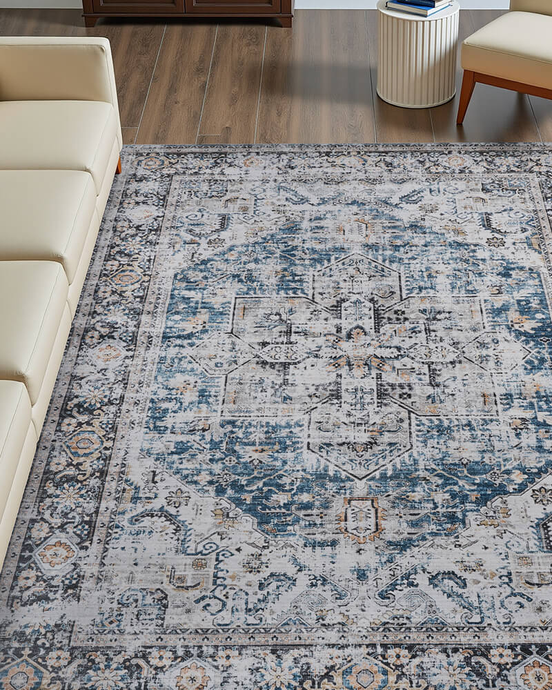 Boho area rug made for family room and lounge use with practical washable design