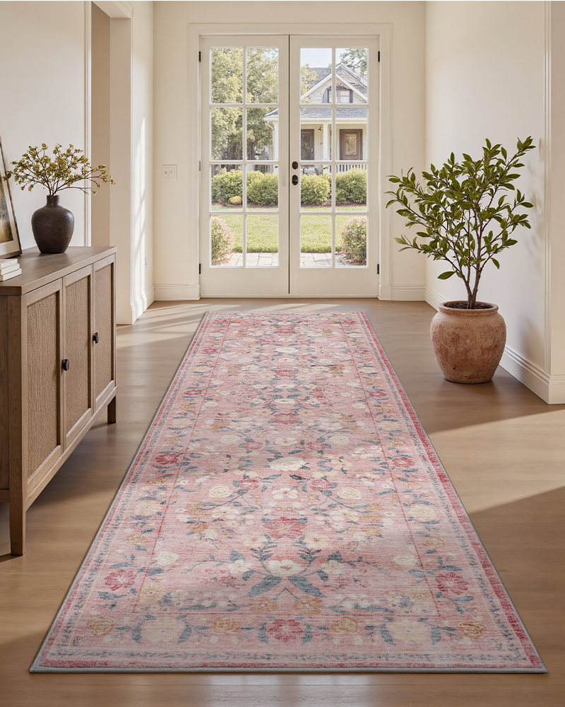 MontVoo vintage area rug, soft dense fibers, warm and noise-reducing for dining and office.