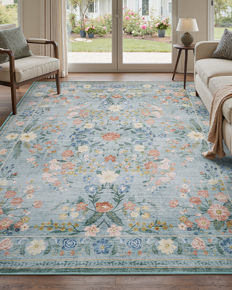 MontVoo vintage area rug, durable and non-slip, ideal for living room and bedroom.
