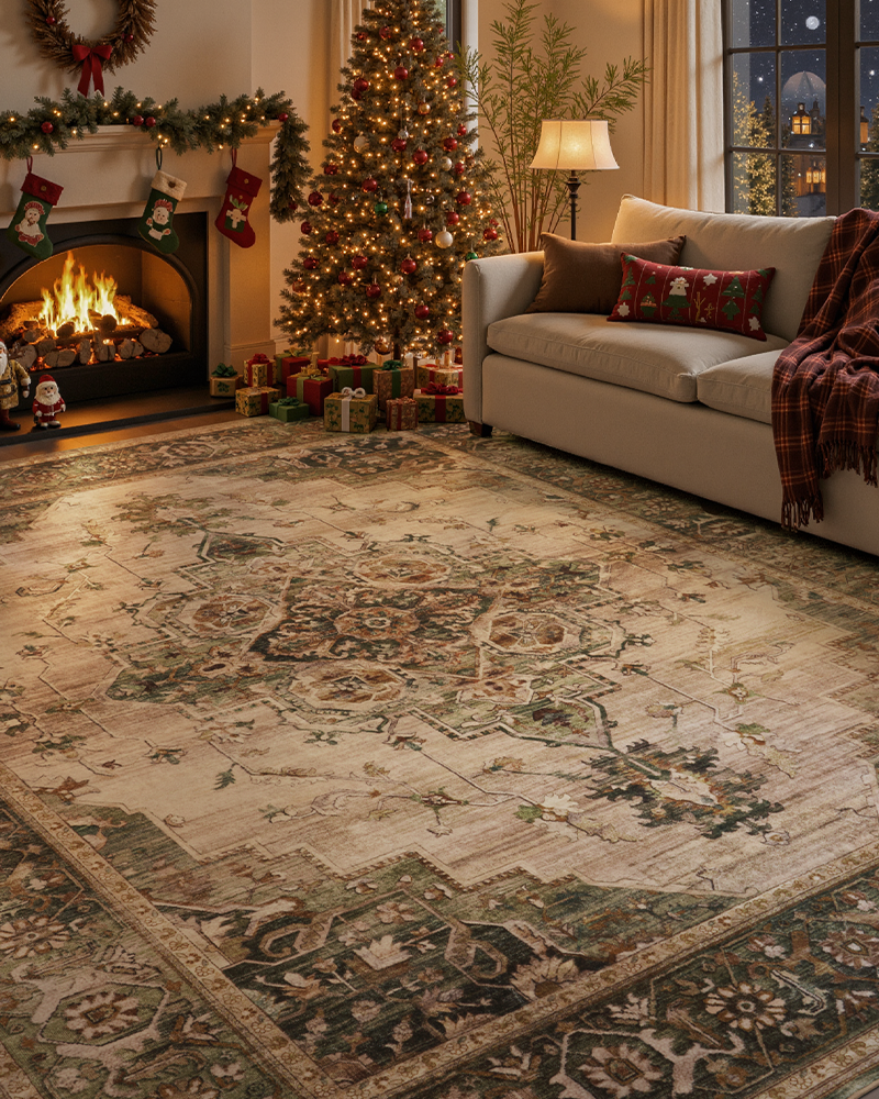 MontVoo vintage rug, washable and durable, ideal for living room or office area.