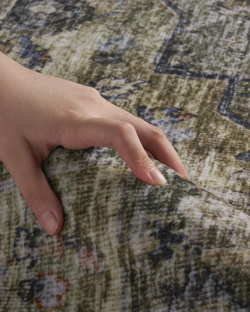 Detail highlighting the soft underfoot feel of a boho area rug