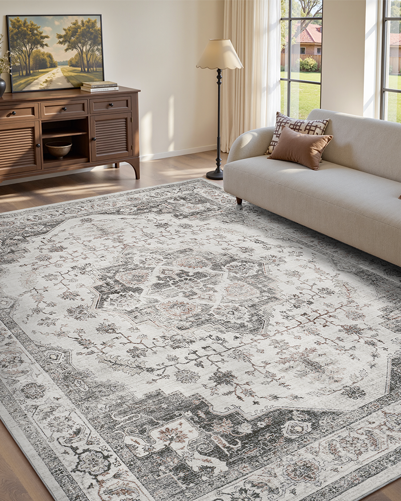 MontVoo farmhouse medallion vintage rug, adds rustic elegance to living room decor.