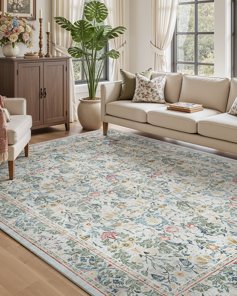 Vintage area rug with thin profile perfect for smooth floor transitions