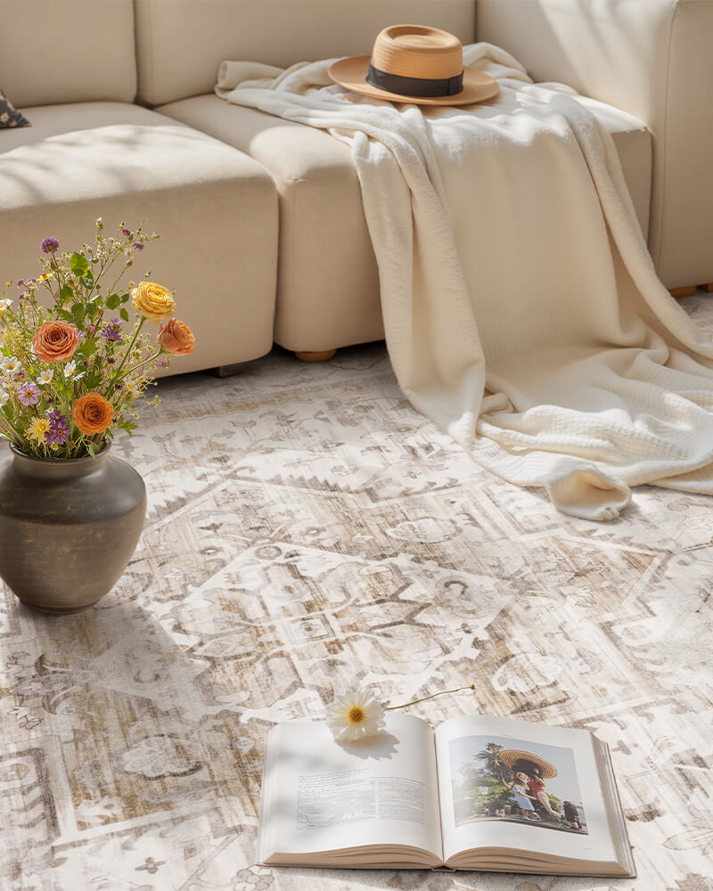 Washable boho area rug ideal for family room and hallway spaces