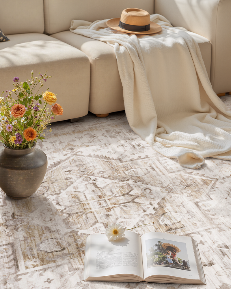 MontVoo vintage rug with soft abstract patterns, adds warmth and comfort to bedrooms.