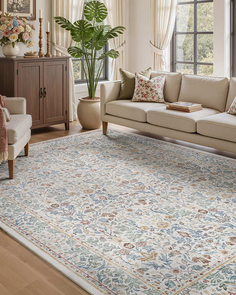 Machine washable vintage area rug with durable feel and soft texture