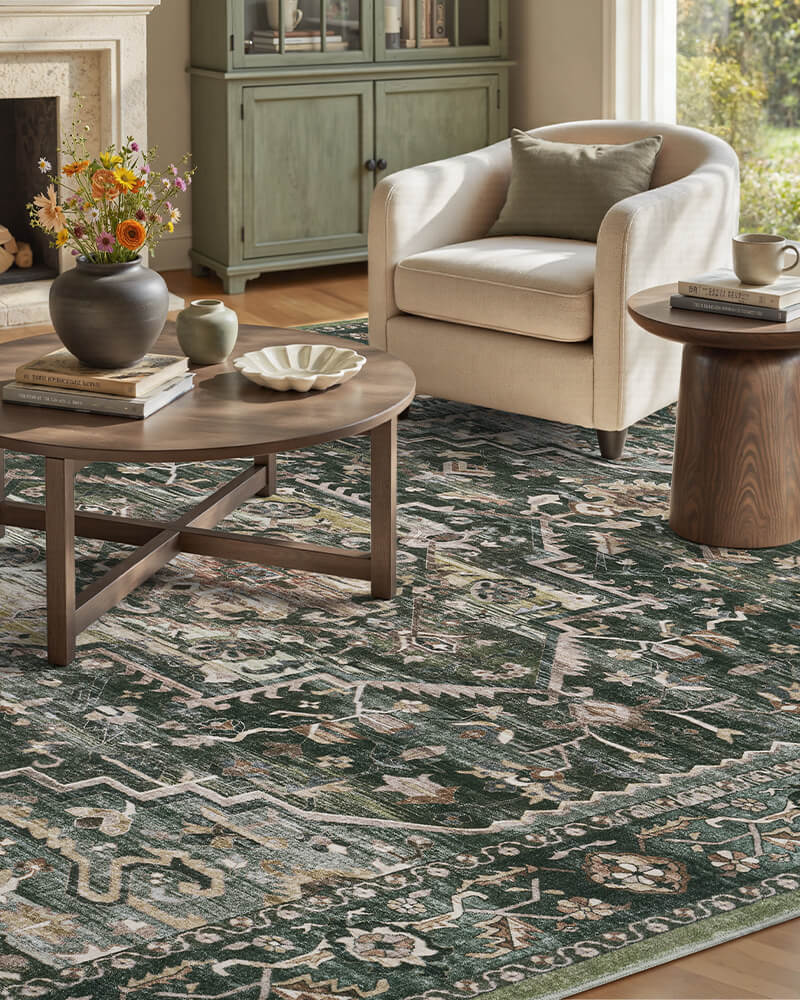 Boho area rug easy to clean up after spills and pet messes