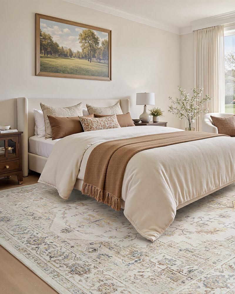 Soft farmhouse vintage rug adds warmth to both bedroom and living room.