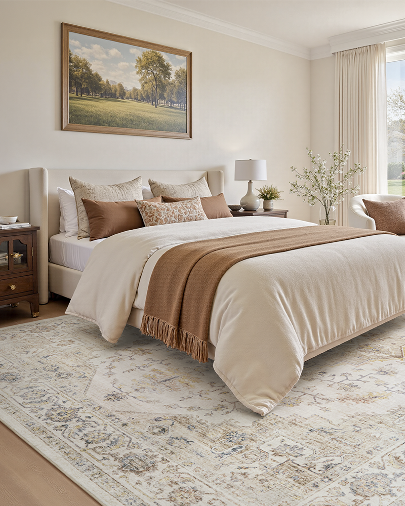 MontVoo soft farmhouse vintage rug adds warmth to both bedroom and living room.