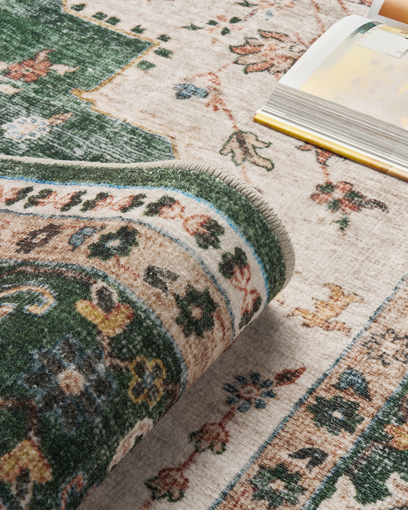 MontVoo neutral Persian-inspired area rug, soft fibers, durable, perfect for bedroom or office.