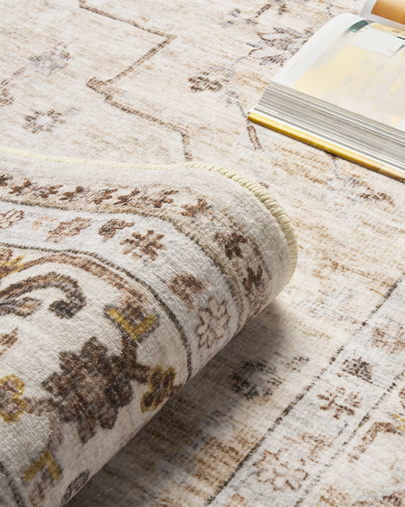 MontVoo washable Persian-inspired area rug, soft fibers, non-slip backing, perfect for bedroom comfort.