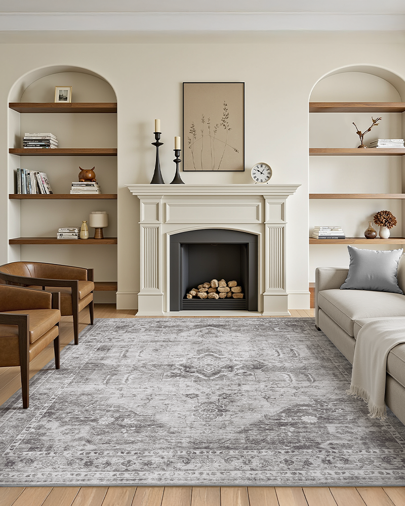 MontVoo washable Persian-inspired area rug, soft and warm, non-slip, perfect for office or lounge.