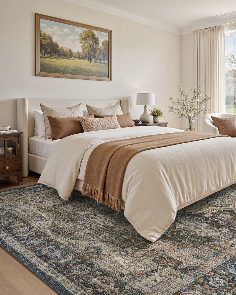 MontVoo rustic farmhouse area rug, soft and warm, ideal for bedroom comfort and charm.