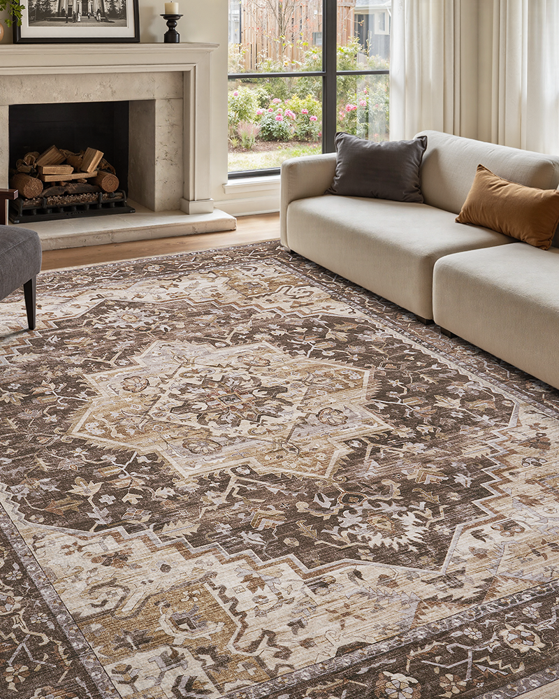 MontVoo vintage rug with non-slip backing, durable and stylish for modern living rooms.