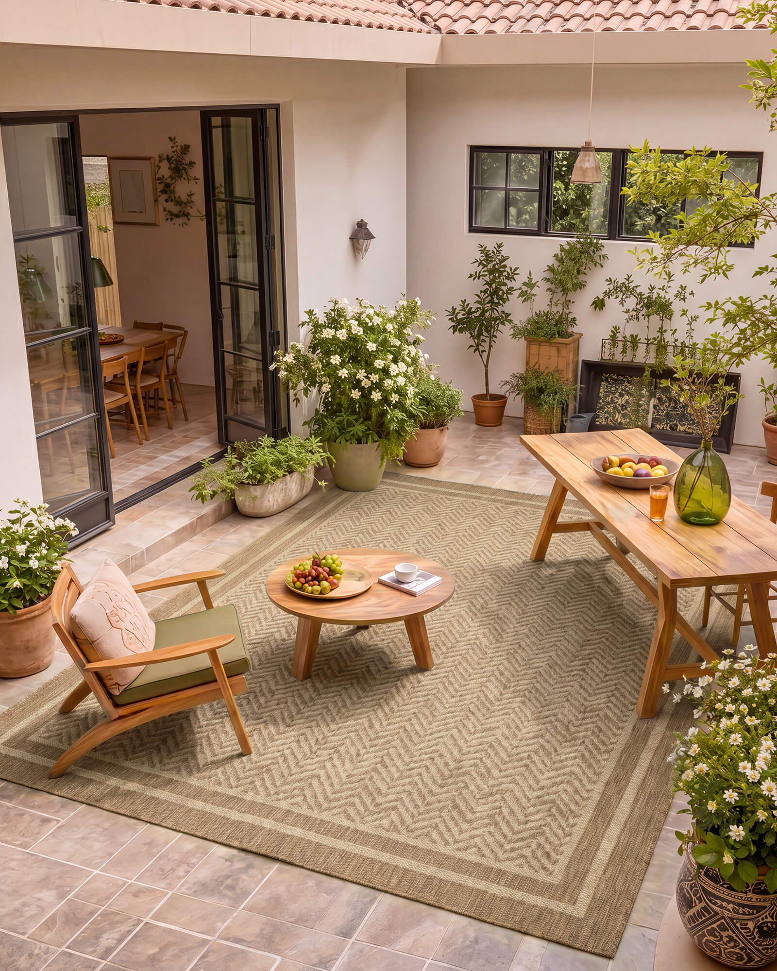 A natural chevron indoor outdoor rug adds durable woven texture and easy-care style to a courtyard patio with wood furniture, potted plants, and warm outdoor dining decor.