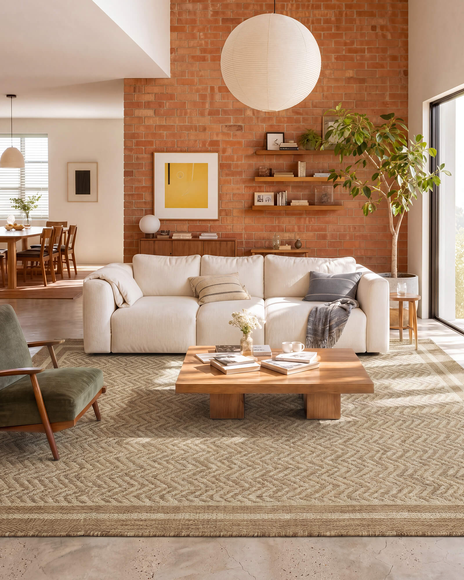 A natural chevron indoor outdoor rug adds durable woven texture and easy-care style to a modern living room with a white sofa, brick accent wall, wood coffee table, and warm natural light.