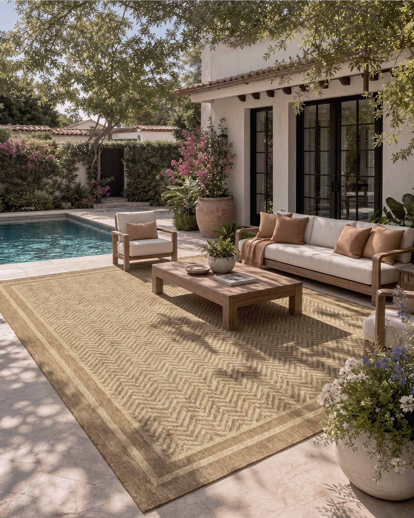 A natural chevron indoor outdoor rug adds durable woven texture and easy-care style to a poolside patio lounge with outdoor seating, wood furniture, and garden greenery.