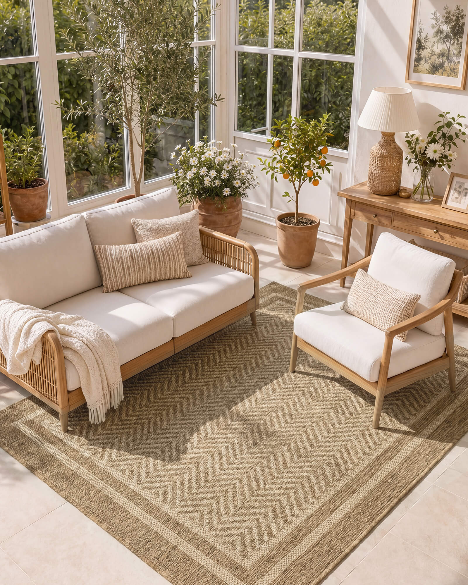 A natural chevron indoor outdoor rug adds durable woven texture and easy-care style to a bright sunroom with rattan seating, potted plants, warm sunlight, and cozy natural decor.